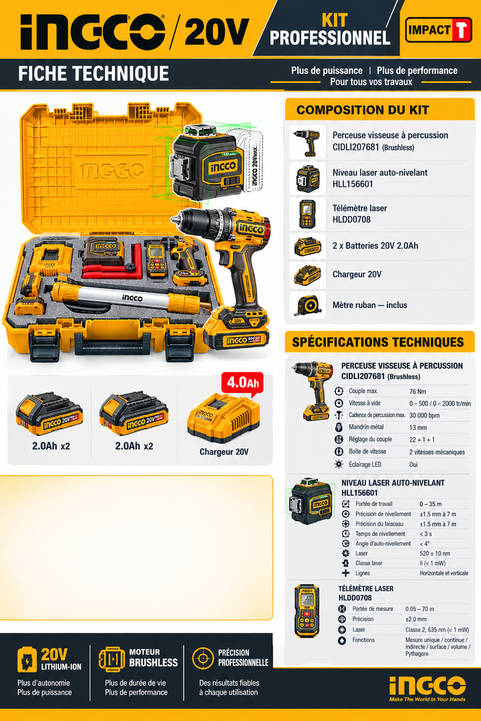 Ensemble de 4 outils sans fil Niveau laser HLL260467
