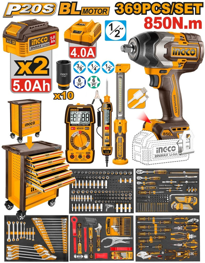 Servante d’atelier 7 tiroirs – 369 pièces + Boulonneuse Brushless 850 N·m – 20V- INGCO HTCS283692