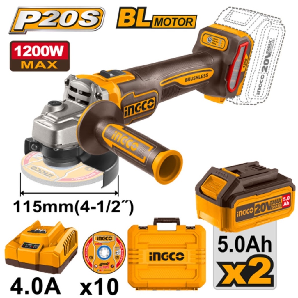 Meuleuse d’angle sans fil Ingco 20 V lithium-ion 115 mm, kit CAGLI2211532