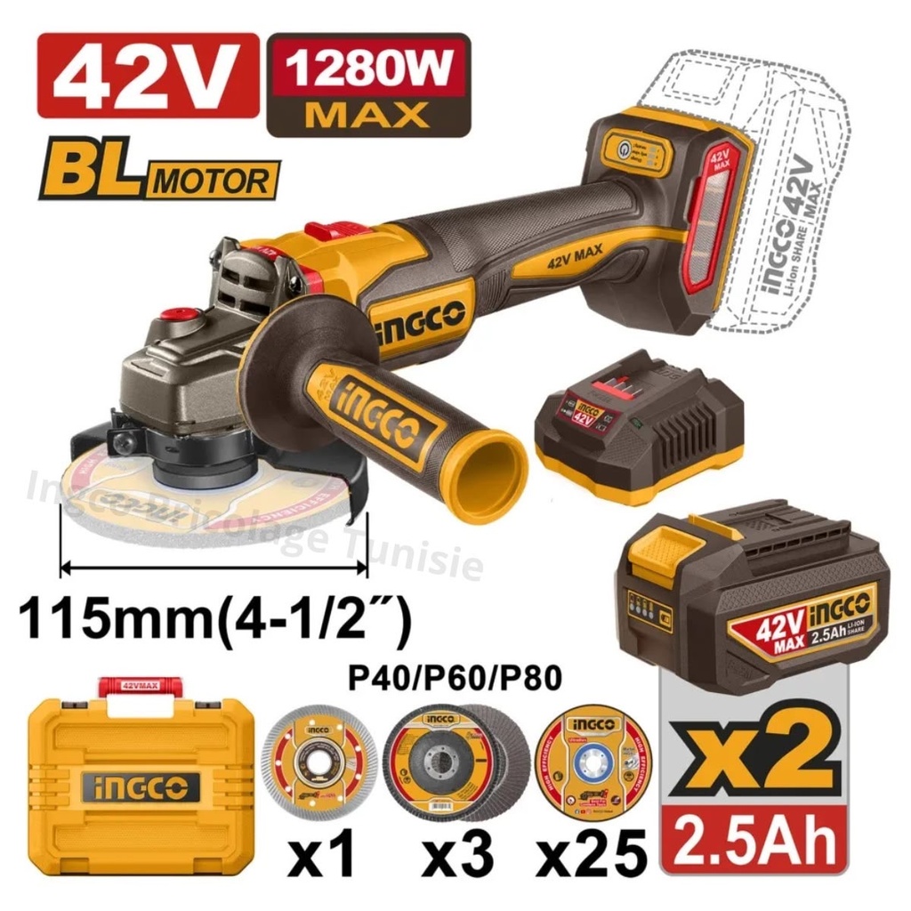 Meuleuse d’angle 42 V/2 x 2,5 Ah INGCO CAGLI4128112