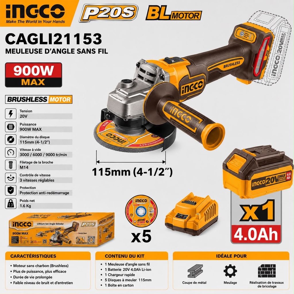 Meuleuse d’angle sans fil Lithium-ion INGCO CAGLI261521