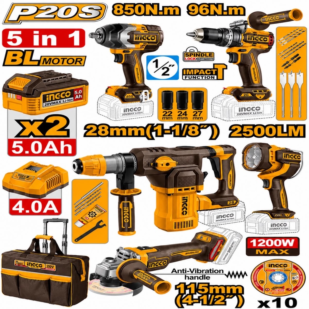Kit combiné industriel sans fil 20V INGCO 5 pcs COSLI251193