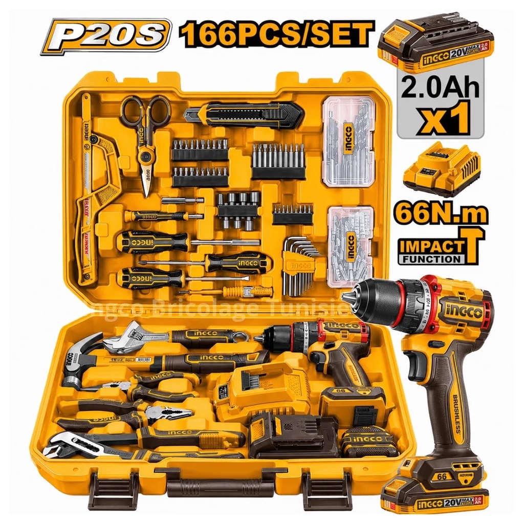 COFFER 166PCS VISSEUSES BRUSHLESS 20V INGCO P20S HKTHP41662