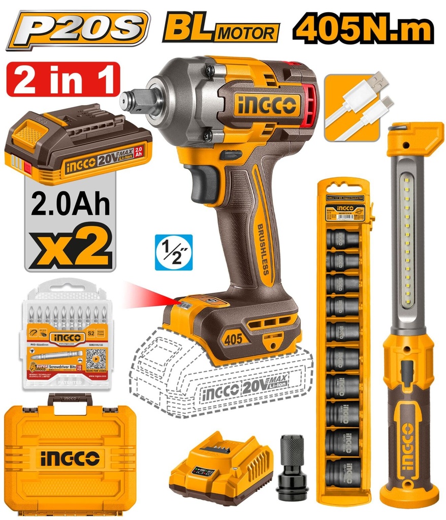 CLÉ A CHOC 5EN1 20V 400N.M INGCO COSLI23048
