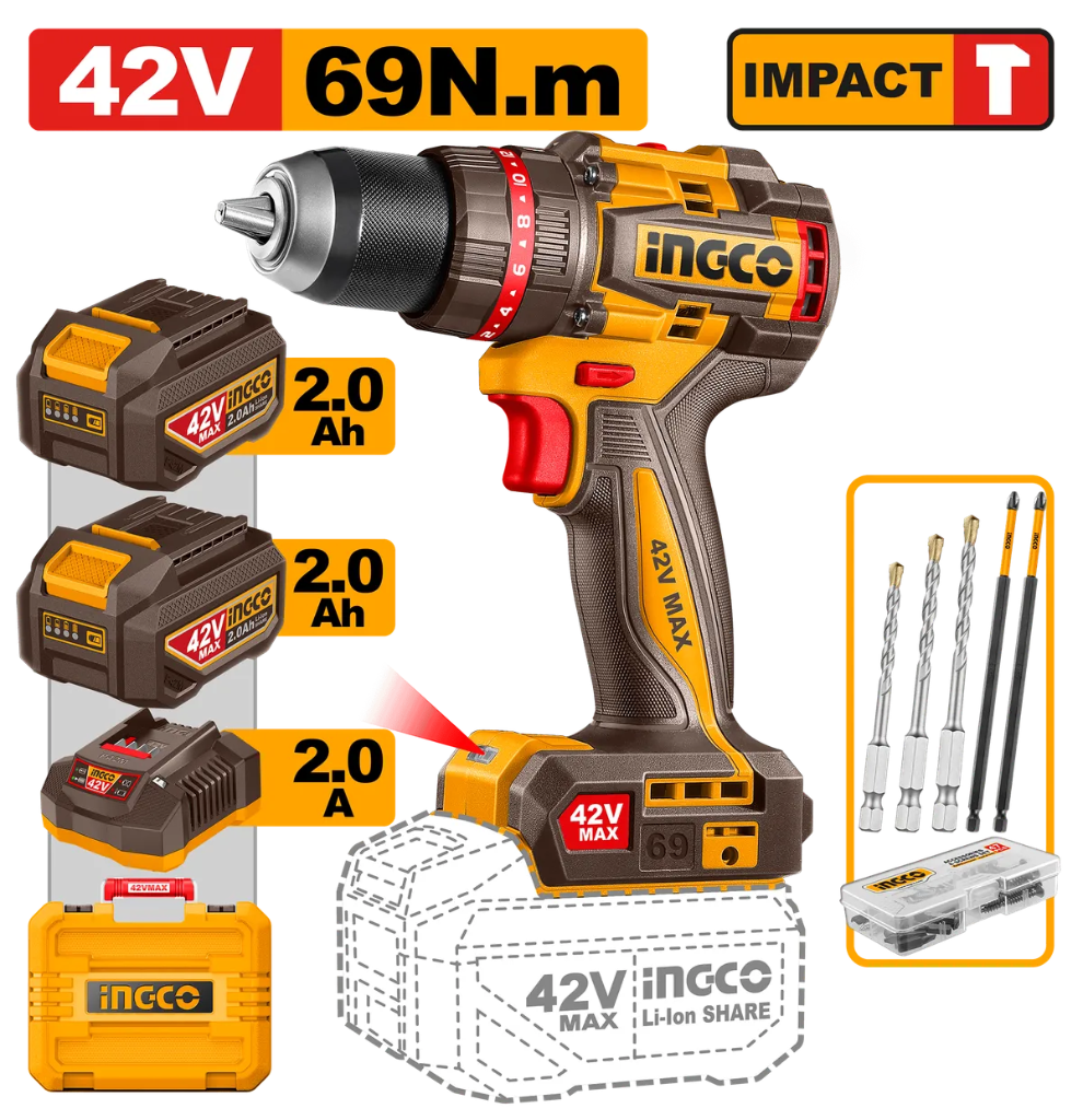 Perceuse à percussion sans fil Ingco 42 V/69 Nm, CIDLI426982
