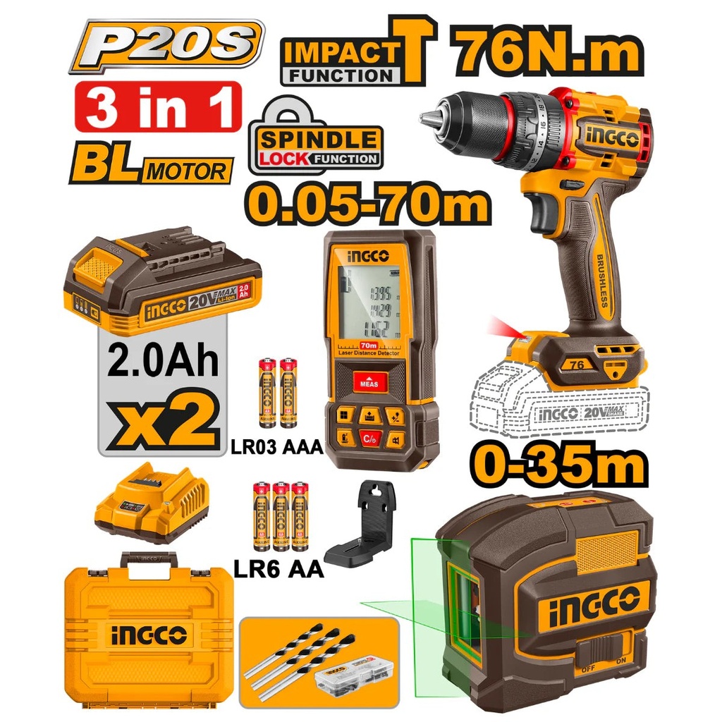 INGCO 3PCS ingco pack-visseuse 76nm-telemetre laser 70m et niveau laser 2L- COSLI250511