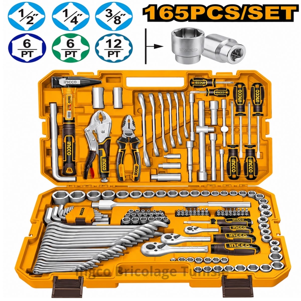 Caisse à outils INGCO 165 pièces avec clés à douille HKTHP51658
