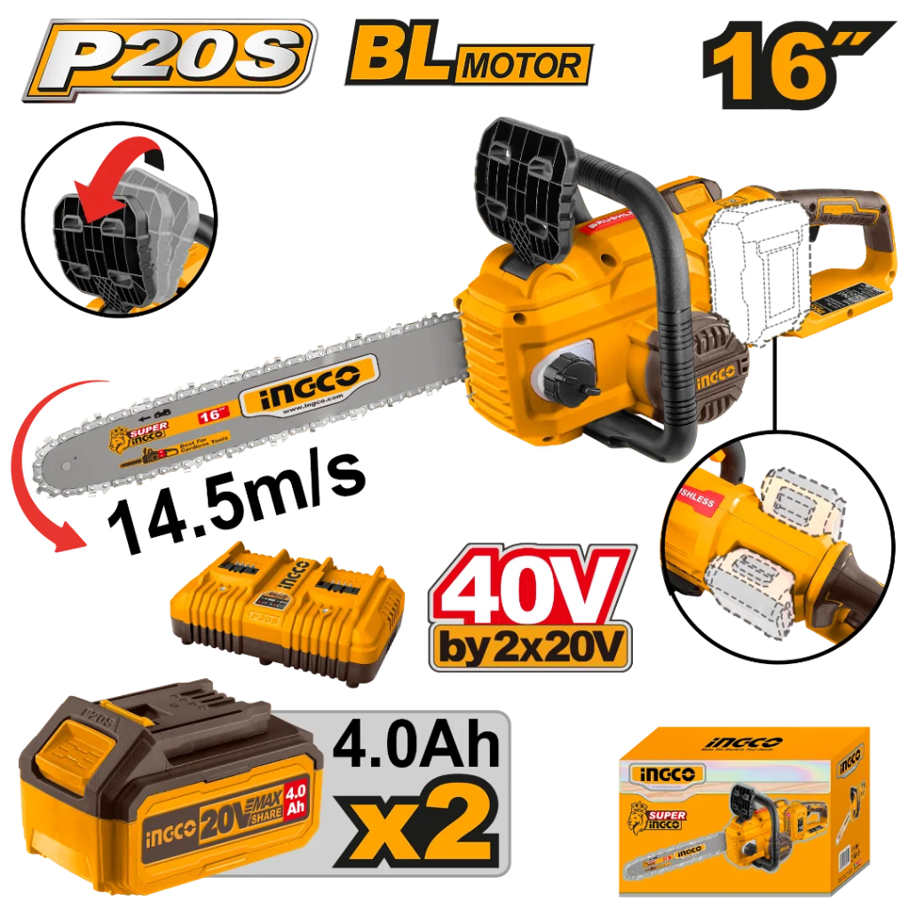 Tronçonneuse sans fil INGCO 20V – 2 batteries 4 Ah16″ CGSLI401682