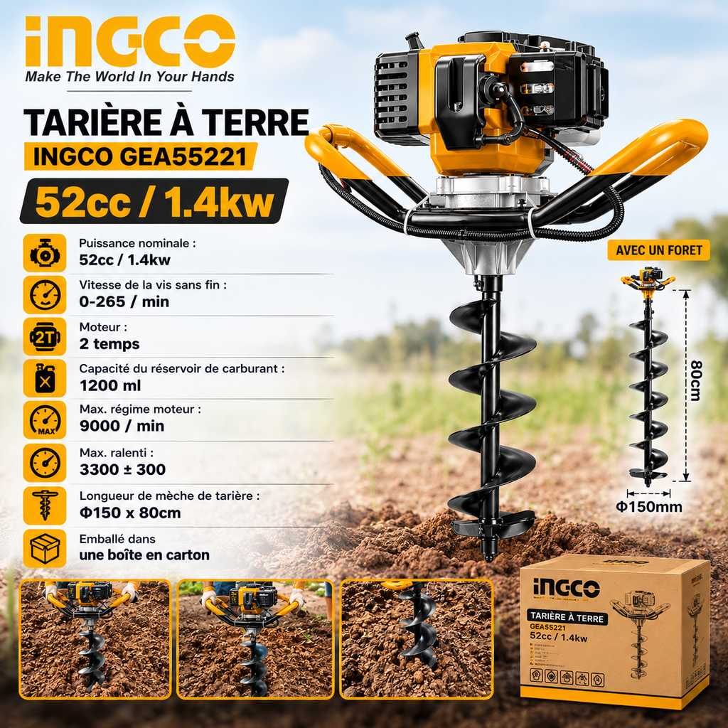 Tarière Foreuse 52cc à Essence INGCO- GEA55221-1