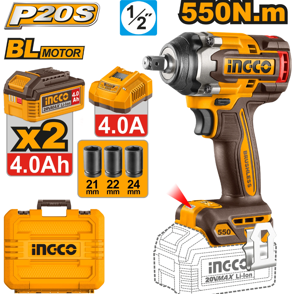 Clé à chocs sans fil 20V Ingco 550 Nm 1/2″ CIWLI2055