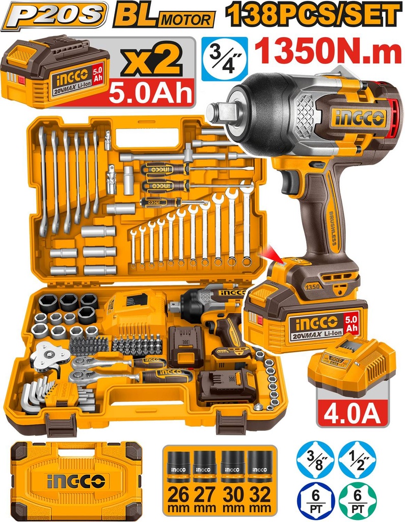Coffret professionnel INGCO 138 pièces avec clé à chocs 20V HKTHP41383