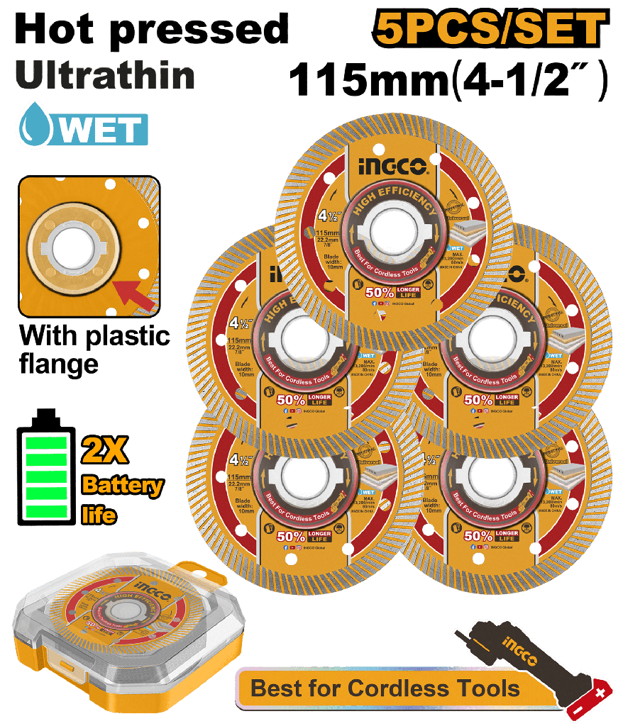 Jeu de 5 Disques Diamantés Ultra-Fins INGCO (115mm)