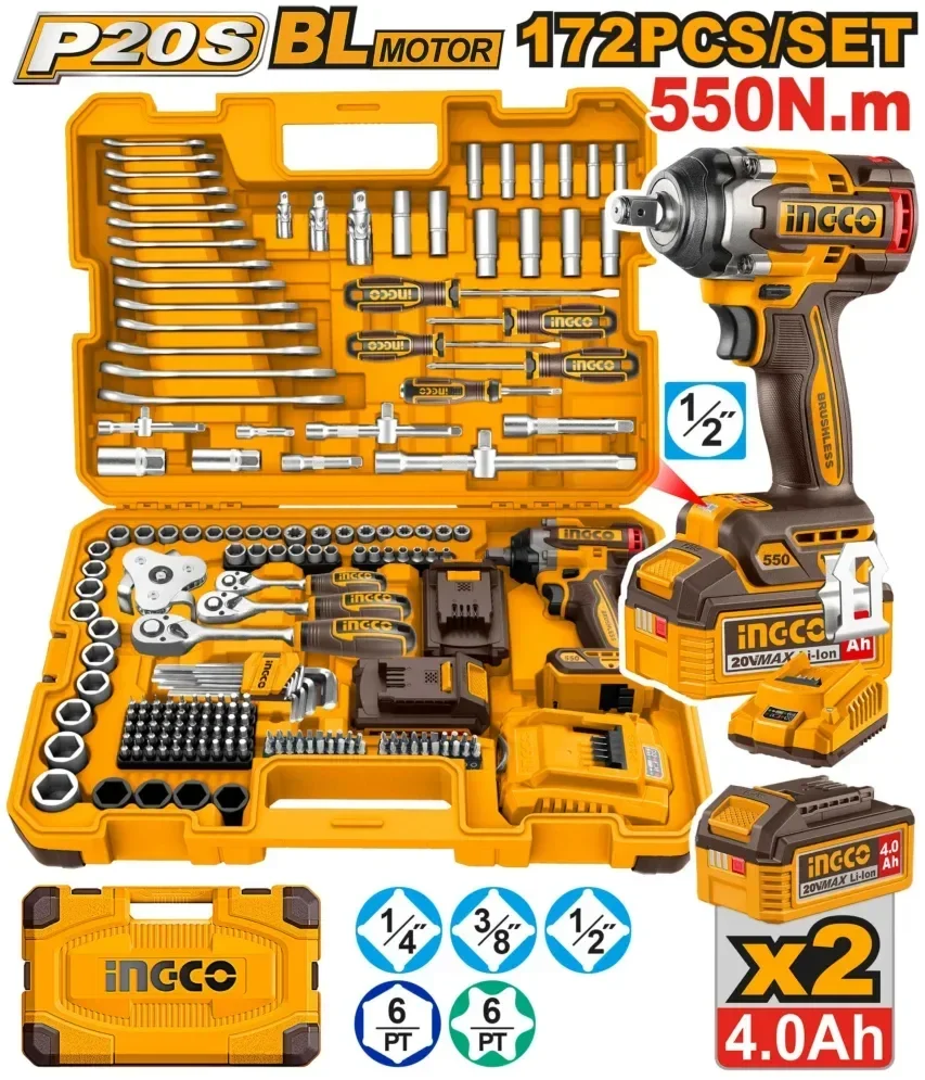 Coffret INGCO 172 pièces avec clé à chocs sans fil 20V-HKTHP41723