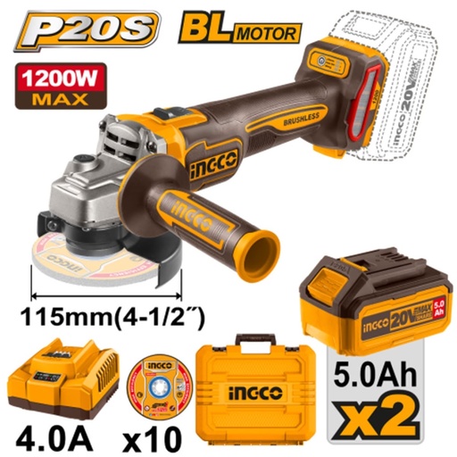 Meuleuse d’angle sans fil Ingco 20 V lithium-ion 115 mm, kit CAGLI2211532