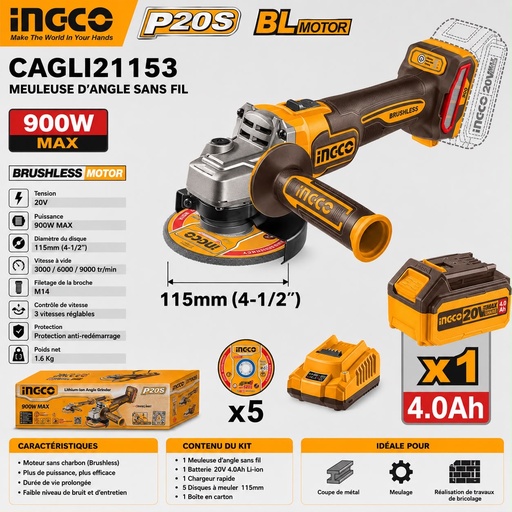 Meuleuse d’angle sans fil Lithium-ion INGCO CAGLI261521