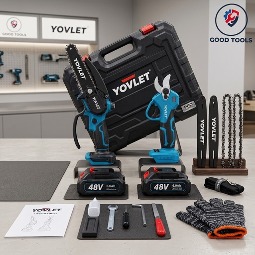 coffret combo YOVLET 48V regroupe un sécateur électrique et-tronçonneuse
