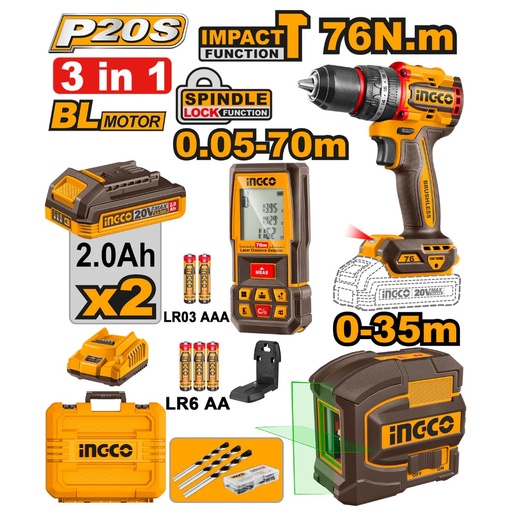 INGCO 3PCS ingco pack-visseuse 76nm-telemetre laser 70m et niveau laser 2L- COSLI250511