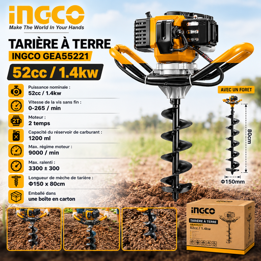 Tarière Foreuse 52cc à Essence INGCO- GEA55221-1