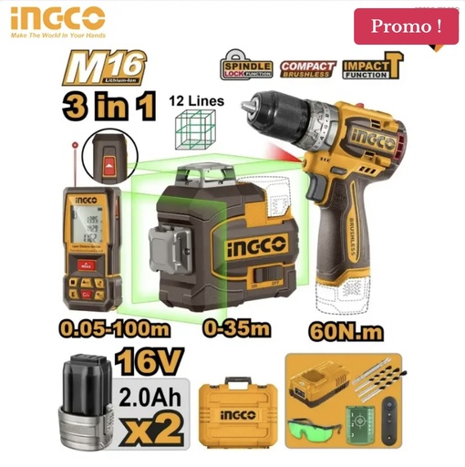 COMBO KIT 3EN1 ME 2 BATTERIES 16V/2.0AH INGCO COSLI250101