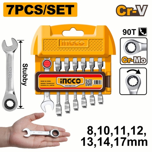 Jeu de Clés Mixte à Cliquet Courtes (Stubby) 7 Pièces (INGCO)