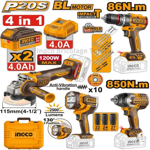 Kit combo INGCO 20V (4 en 1)-COSLI251192
